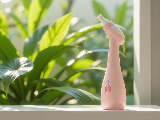 Electric nail polish remover device with pink plastic housing, small circular opening, USB charging port, compact size, white background